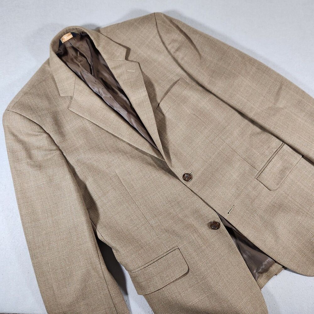 Joseph & Feiss Gold Plaid Brown Blazer, Men's 42R Sport Coat, Beige Jacket